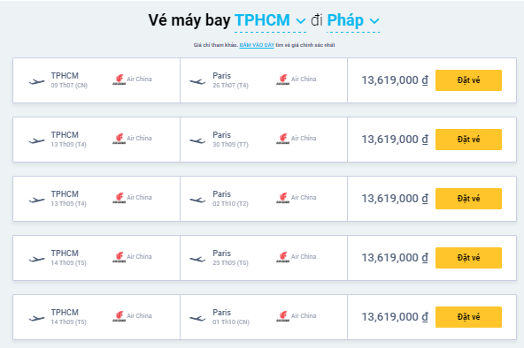 Bảng giá vé máy bay từ Việt Nam đi Pháp